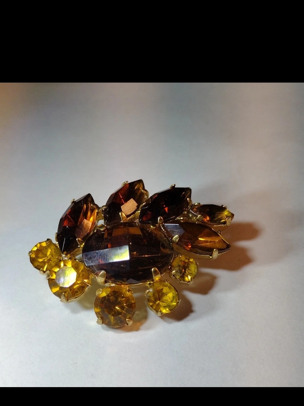 Vintage Amber Topaz Rhinestone Brooch MCM Brown Statement Leaf Cluster Pin 60s